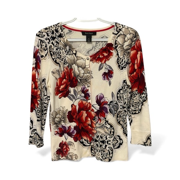 White House Black Market Sweaters - White‎ House Black Market Floral Print Cardigan 3/4 Sleeve V-Neck Women's Small